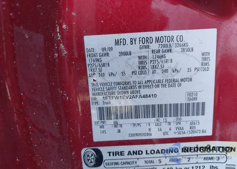 2010 Ford F-150 Fx4/Harley-Davidson/King Ranch/Lariat/Platinum/Xl/Xlt z USA, uszkodzony, nr VIN 1FTFW1EV2AFA48410